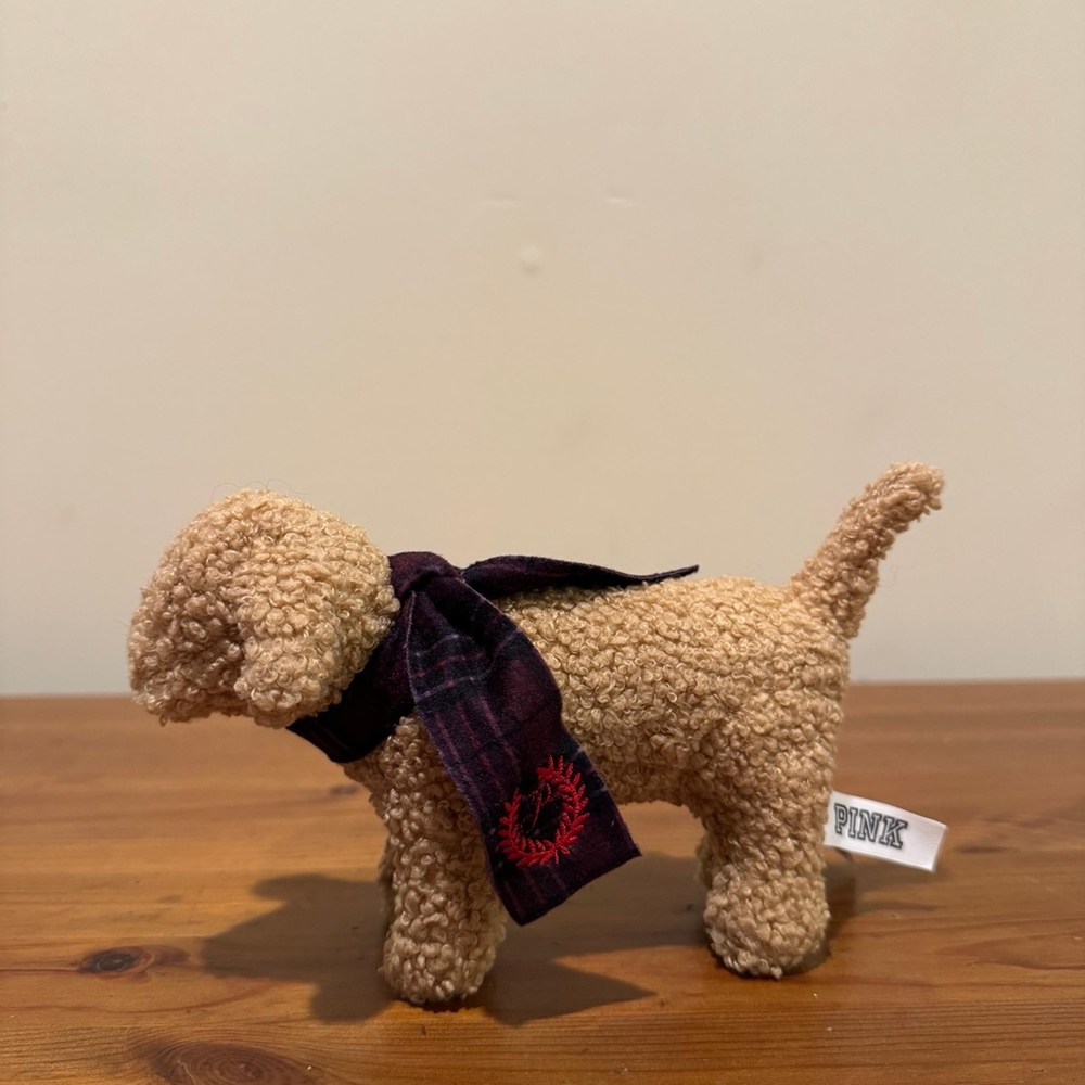 Cozy Tan Dog Plush Toy with Plaid Scarf